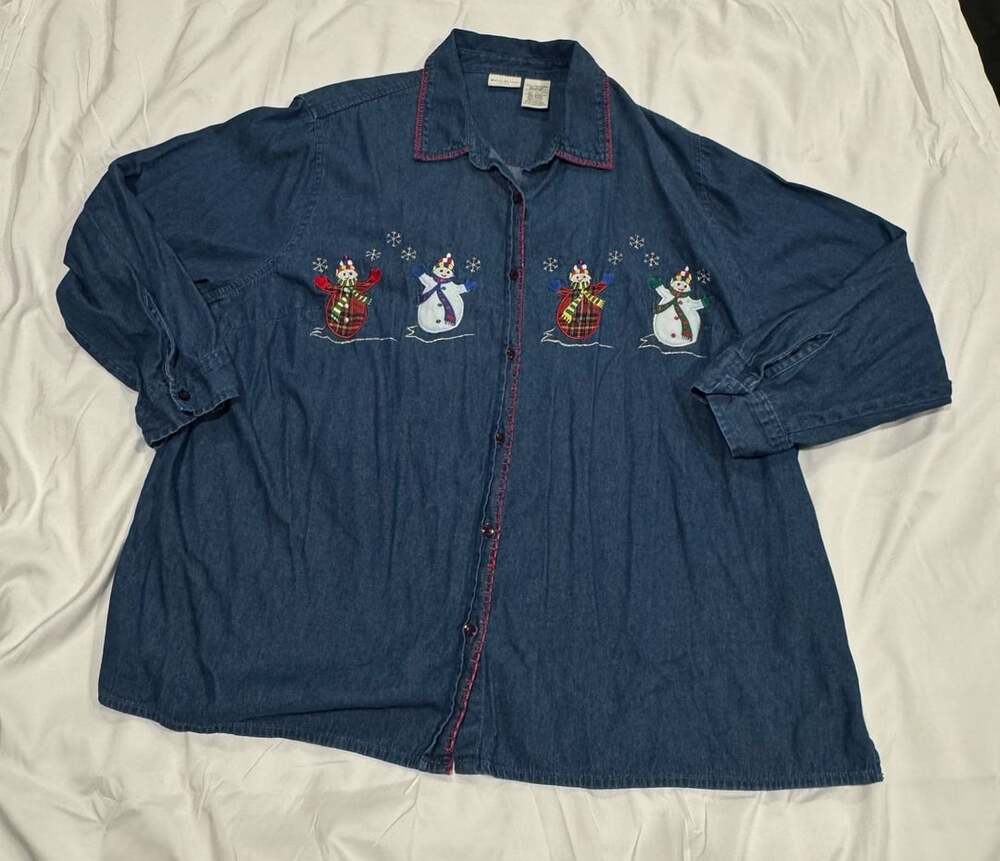 90’s White Stag Snowman Christmas Holiday Denim Shirt VTG